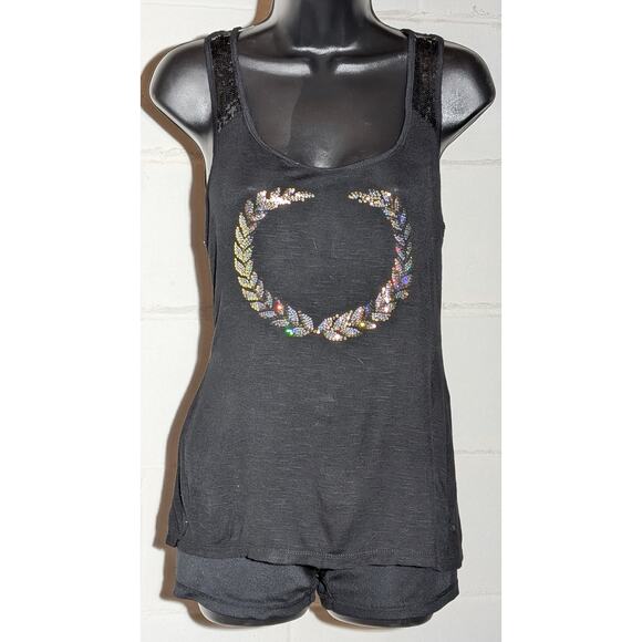 Caesars Black Sequin Laurel Wreath Tank Top Sleeveless Racerback Blouse Small - Picture 1 of 5